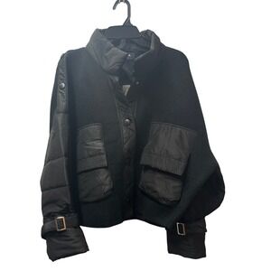 Womens Black Mixed-Material Puffer Coat
